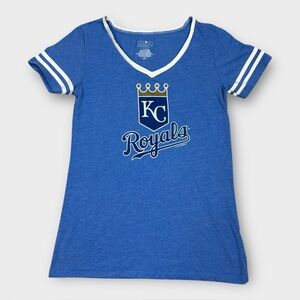 KC Kansas City Royals Womens V-Neck Tee Small Blue Logo Top Baseball Fan Apparel